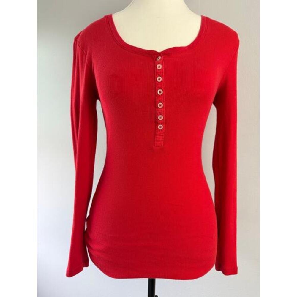 Y2K Red Henley Long‎ Sleeve Short Ribbed Size Medium No Boundaries